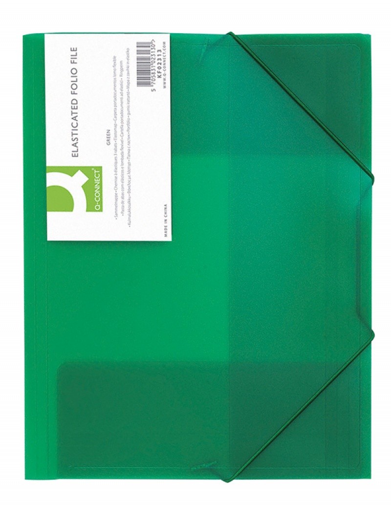 ELASTICATED 3 FLAP FOLDER, Q-CONNECT, A4, PP, 400MIC HALF-TRANSPARENT, GREEN