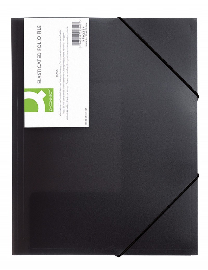 ELASTICATED 3 FLAP FOLDER, Q-CONNECT, A4, PP, 400MIC HALF-TRANSPARENT, BLACK