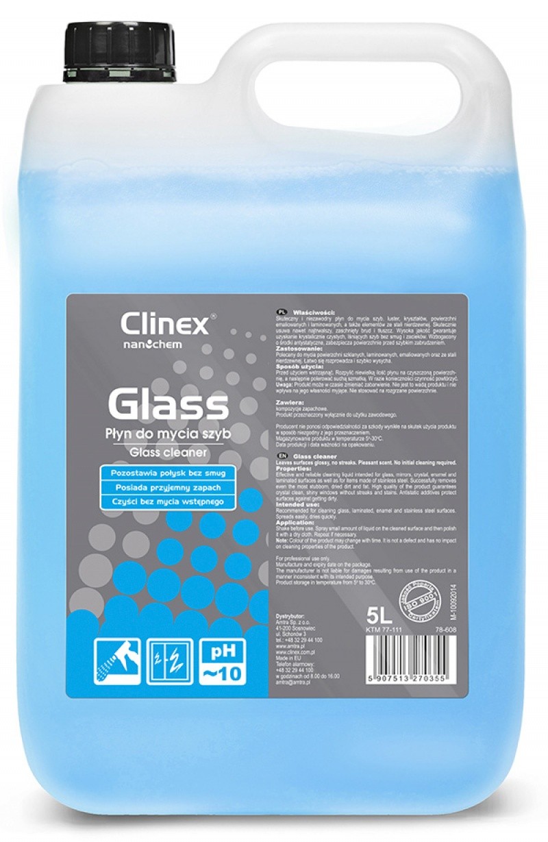შუშის პროფესიონალური საწმენდი სითხე CLINEX Glass (5ლტ) წმინდავს შუშებს, სარკეს, უჟანგავ ფოლადს, აშორებს ღრმად ჩამჯდარ ცხიმს და მტვერს