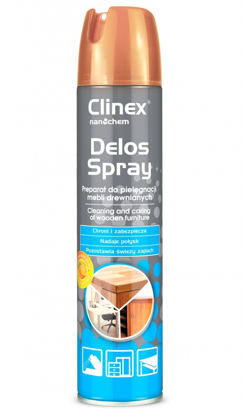 ხის ავეჯის საწმენდი & საპრიალებელი სპრეი 300 მლ CLINEX DELOS SPRAY ეფექტურია ხის ზედაპირსთვის