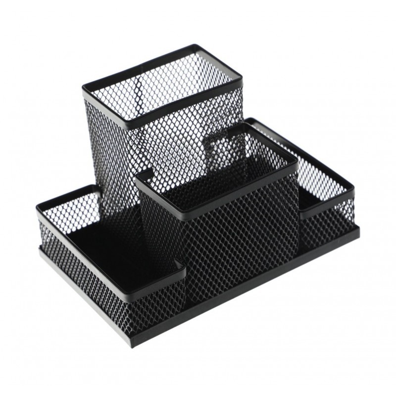 სამაგიდე ორგანაიზერი 4 განყოფილებით Q-CONNECT, მეტალის ბადე, 15X10X10სმ, შავი