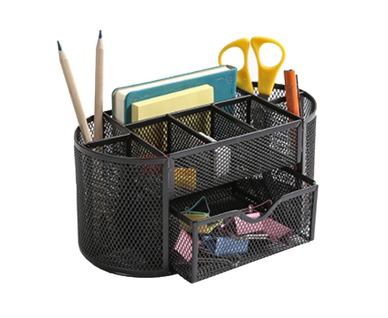 სამაგიდე ორგანაიზერი უჯრით Q-CONNECT, მეტალის-ბადე, ჰორიზონტალური, 235X112X100MM, შავი