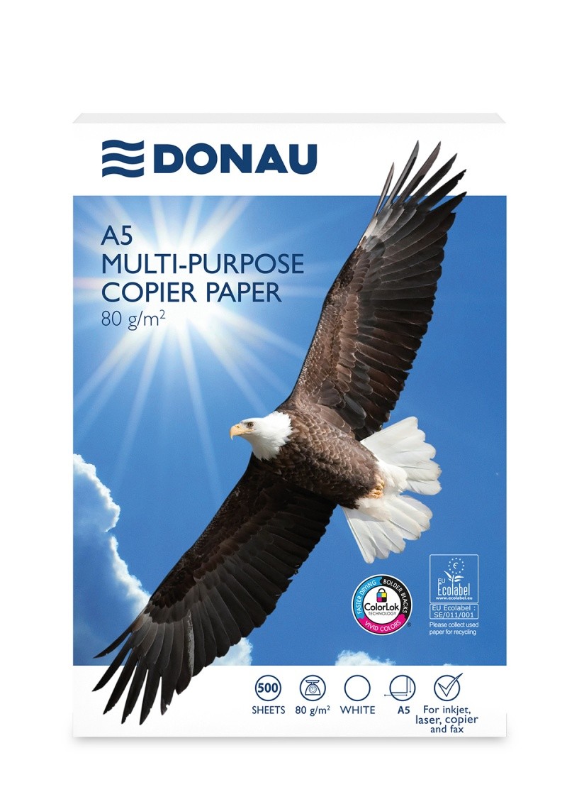 A5 საბეჭდი ქაღალდი DONAU 80 გრ. 500 ფურც. სითეთრე - 150CIE, სისქე - 106მკ. C კლასი