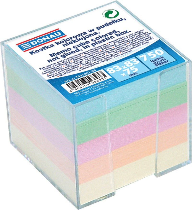 MEMO CUBE DONAU - COLOURED, NOT GLUED, 83X83X75MM IN PLASTIC BOX
