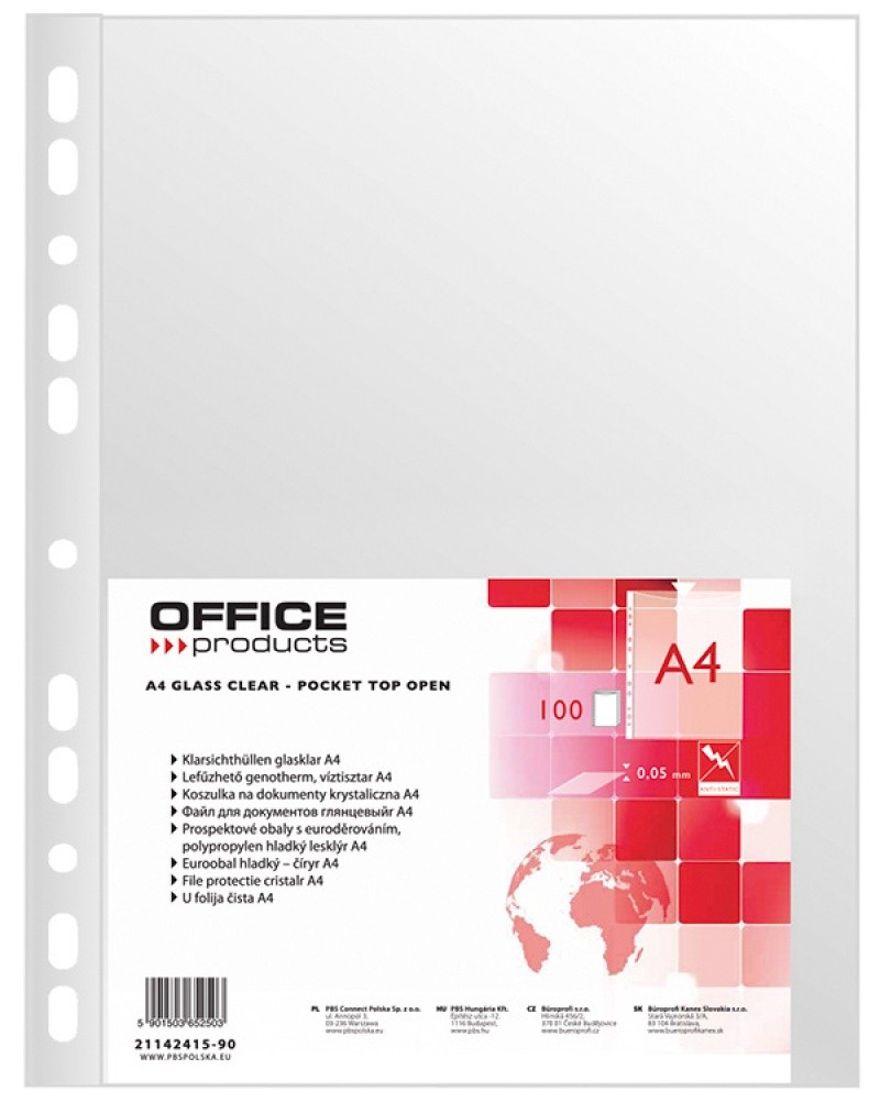 MULTIPUNCH POCKETS GLASS CLEAR, OFFICE PRODUCTS, PP, A4, 50 UM, 100PCS, TRANSPARENT //KF00311