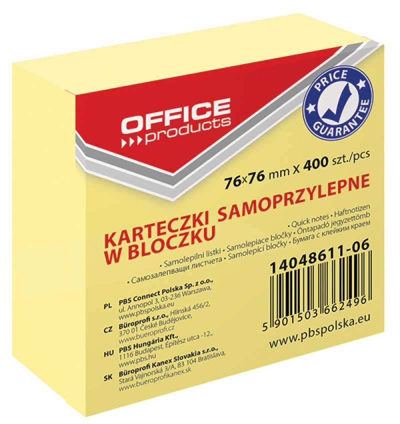 SELF STICKY NOTES, OFFICE PRODUCTS, 76X76, 400 SHEETS, PASTEL YELLOW