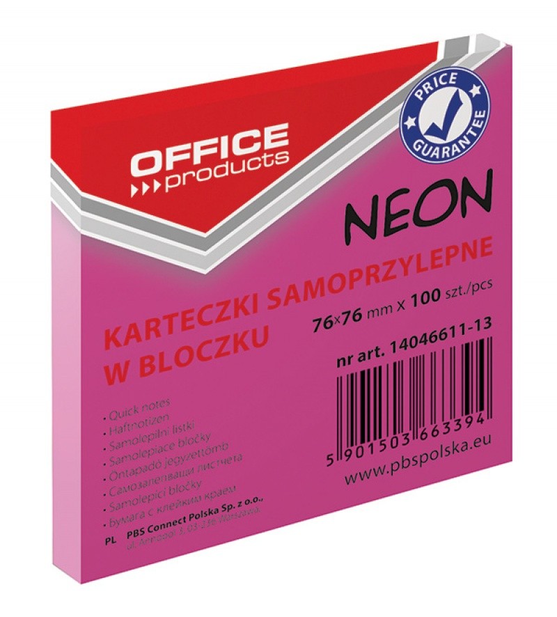 SELF STICKY NOTES, OFFICE PRODUCTS, 76X76, 100, NEON PINK