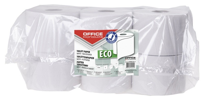 საპირფარეშოს ქაღალდი OFFICE PRODUCTS ECO, 570 მოხევა, 2 ფენა, 12 ცალი