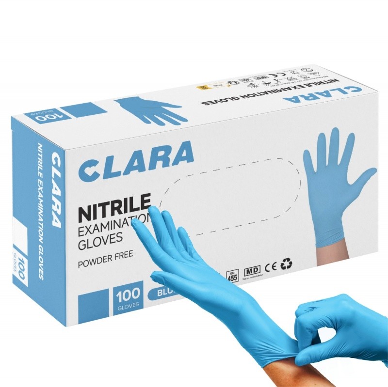 ერთჯერადი სამედიცინო ხელთათმანი ნიტრილი CLARA ( 50 წყვილი, 100 ცალი) L ზომა ლურჯი
