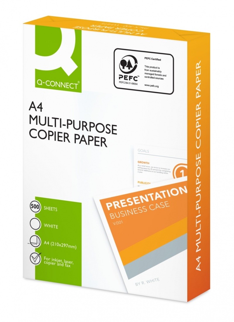 A4 საბეჭდი ქაღალდი Q-CONNECT 75გრ. 500 ფურც. სითეთრე - 146CIE, სისქე - 104მკ. C კლასი