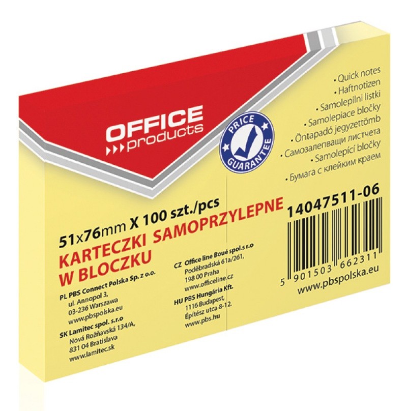 ჩასანიშნი წებოვანი სტიკერი OFFICE PRODUCTS 51X76მმ 100 ფურცელი ყვითელი