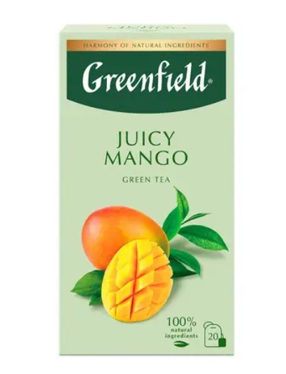 ჩაი მწვანე "გრინფილდი / Greenfield" JUICY MANGO კონვერტით, 20 ცალიანი შეფუთვა