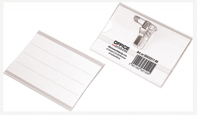 NAME BADGE, OFFICE PRODUCTS, PVC, WITH CLIP AND PIN, 90X57MM, CLEAR